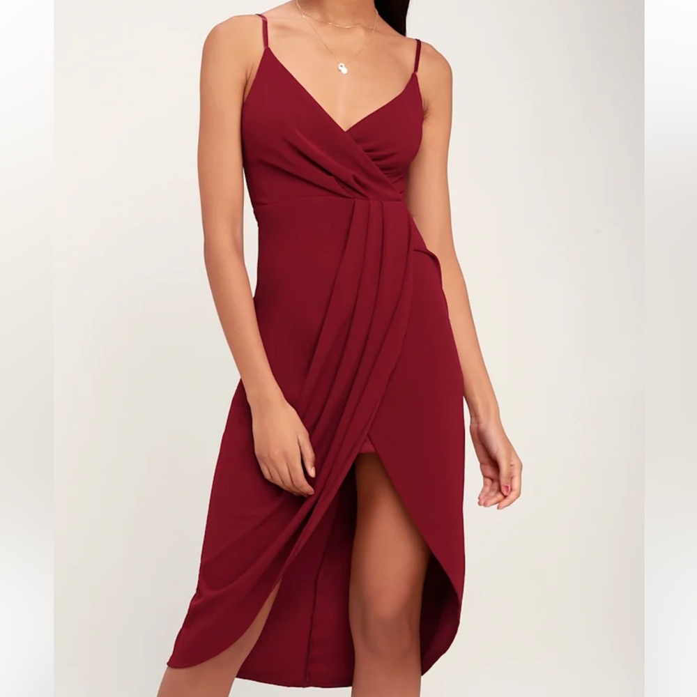 Lulu's Special Guest Wine Red Surplice Midi Dress